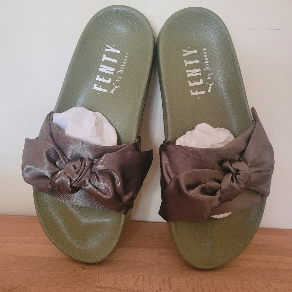 Puma x Fenty Olive Branch Satin Bow Slide Sandals - Size 8.5